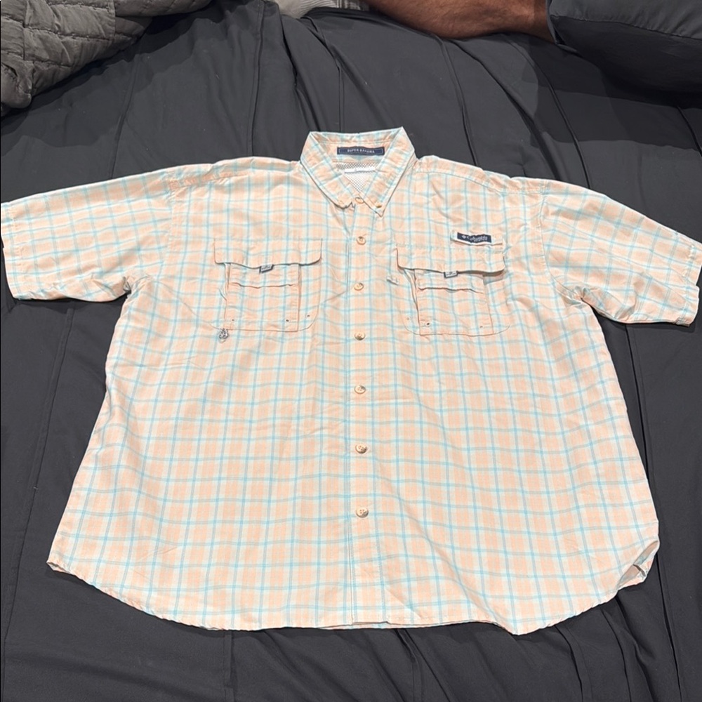 Columbia Super Bahama Men's Blue and Peach Plaid Shirt